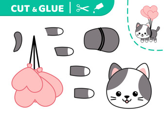 Cut and glue flying cat by balloons. Applique. Paper game. Vector