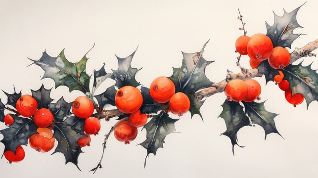  a painting of holly berries on a branch with chinese writing on the bottom of the picture and on the bottom of the picture.