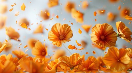  a group of orange flowers floating in the air with drops of water on the petals and petals on the petals.
