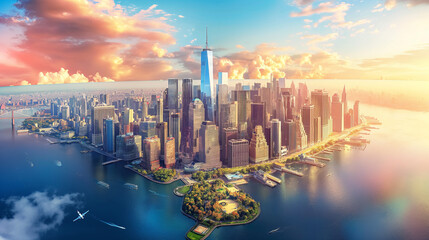 World-class virtual reality technology with cities Spectacular city skyline with colorful cities, 3D illustration. Elements of this image furnished by NASA. - obrazy, fototapety, plakaty