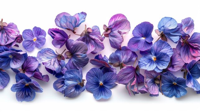  a group of purple and blue flowers on a white background with space for a text on the left side of the image.