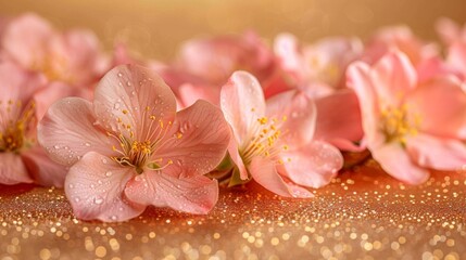  a group of pink flowers sitting on top of a table covered in gold flecks and drops of water.