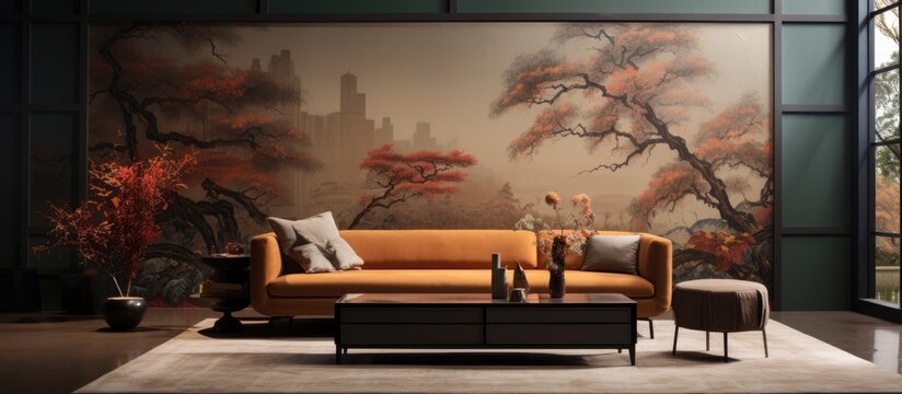 A cozy living room with a wood couch, coffee table, and a large painting of a tree on the wall. The space is decorated with a plant and art studio couch