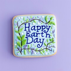 Happy Earth Day, the text on the blue and white sugar cookie
