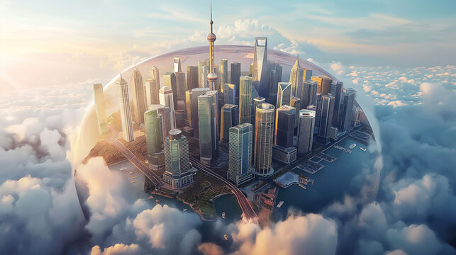World-class virtual reality technology with cities Spectacular city skyline with colorful cities, 3D illustration. Elements of this image furnished by NASA.