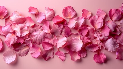  a bunch of pink flowers laying on top of a pink surface with one flower in the middle of the frame.