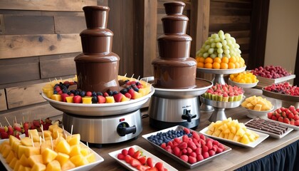 chocolate fountain catering machine with fruit skewers on rustic buffet table - obrazy, fototapety, plakaty