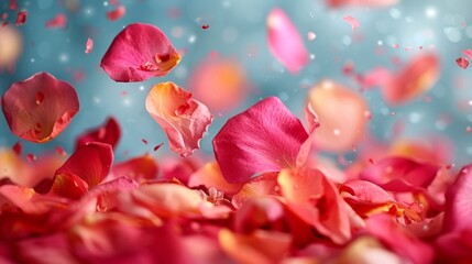  a bunch of pink and yellow flowers floating in the air with a blurry background of pink petals on a blue background. - obrazy, fototapety, plakaty