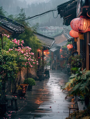 Scenery of misty rain in ancient town in Jiangnan, China,created with Generative AI tecnology.