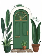 A green door stands out against a backdrop of various potted plants, creating a visually striking contrast in a garden setting