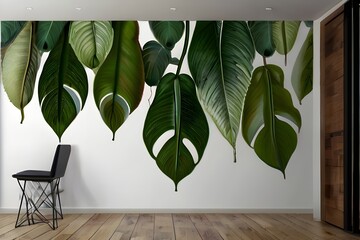 topical leaves hanging from the top large leaves art drawing on a texture background photo wallpaper in the room Generative AI - obrazy, fototapety, plakaty