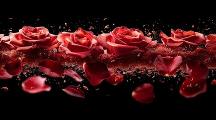  a group of red roses on a black background with water droplets on the petals and petals falling off of the petals.