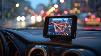 A sleek GPS navigation system, with a vibrant touchscreen display, guiding the driver to their destination with precision - obrazy, fototapety, plakaty