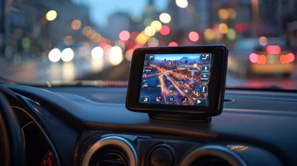Foto op Canvas A sleek GPS navigation system, with a vibrant touchscreen display, guiding the driver to their destination with precision © Textures & Patterns
