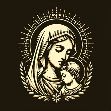 recommend clip art: Stylized illustration of Virgin Mary Jesus vector tattoo logo icon sticker.
                    