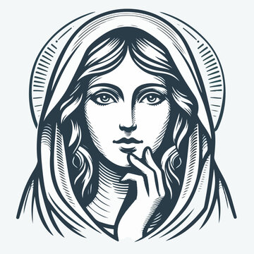 recommend clip art: Stylized illustration of Virgin Mary Jesus vector tattoo logo icon sticker.
                    