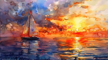 an original watercolor painting of the sunset - obrazy, fototapety, plakaty