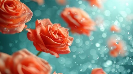  a group of red roses floating in the air with water droplets on the petals and on the petals, on a blue background.