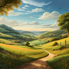 A peaceful countryside with rolling hills.