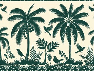 Fototapeta na wymiar Wallpaper featuring green and white pattern with illustrations of birds and palm trees