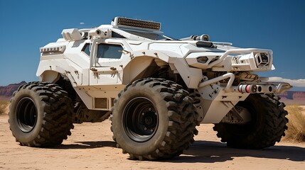 Robust military vehicle in a desert landscape, showcasing toughness and durability. all-terrain armored car ready for challenging conditions. conceptualize modern warfare transportation. AI - obrazy, fototapety, plakaty