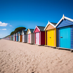 A row of colorful beach huts under a clear blue sky