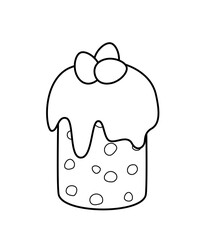 Coloring page Easter cake decorated eggs. Black and white Easter cake and eggs. Vector