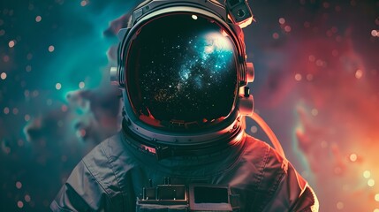Astronaut gazes into cosmos, universe reflected in visor. space exploration theme, digital art style, futuristic concept. ideal for sci-fi backgrounds. AI - obrazy, fototapety, plakaty