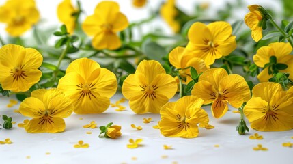  a group of yellow flowers sitting next to each other on a white surface with green leaves and tiny yellow flowers.