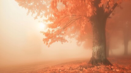 Amazing foggy light in mystical autumn forest, Beautiful pastel colored fog forest and tree background, trees and large branches with fall orange leaves