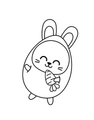 Coloring page with dancing hare in egg suit. Black and white bunny, egg, carrot. Vector