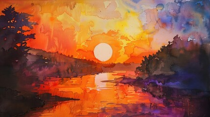 an original watercolor painting of the sunset