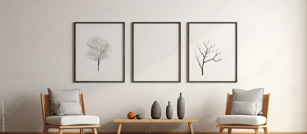 Poster Two identical chairs are positioned side by side in a well-lit room, creating a simple and inviting seating arrangement