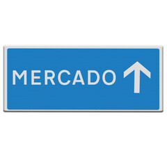 Shop /market road sign directions.  Spanish.Direcciones de la señal de tráfico de la tienda/del...