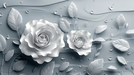  three white roses on a gray background with leaves and drops of water on the petals and the petals of the flowers.