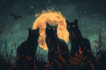 Black cats stalk the night under a full moon. Happy Halloween!