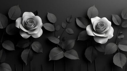  a black and white photo of three white roses on a black background with leaves and stems in the foreground. - obrazy, fototapety, plakaty
