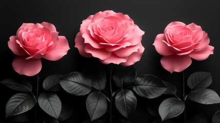  a group of three pink roses sitting next to each other on top of a black background with leaves on the bottom of the petals.