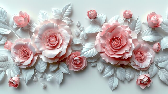  a group of pink roses with white leaves on a white background with a place for the text on the left side of the image.