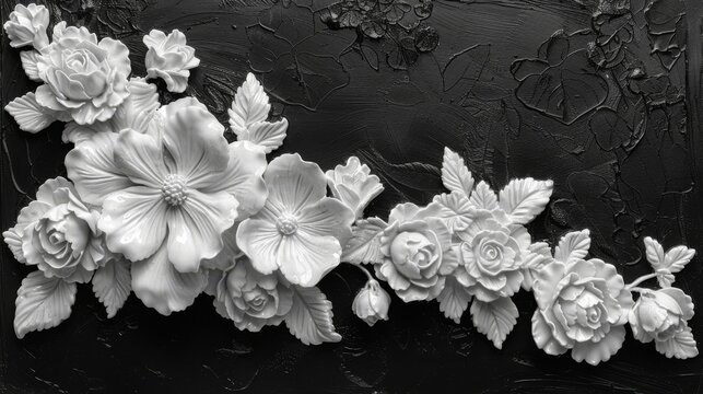  a black and white photo of white flowers on a black and white background with a black and white photo of white flowers on a black background.