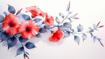  a painting of red and blue flowers and leaves on a white background with a red and blue flower on the left side of the frame.