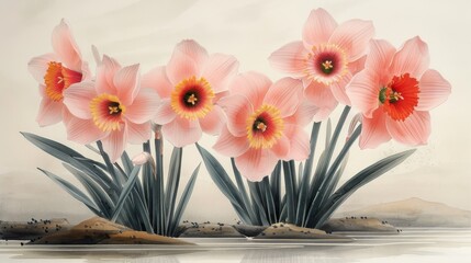  a painting of a group of pink flowers with green leaves in the foreground and a body of water in the background.