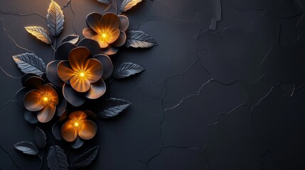  a close up of a flower on a black surface with a light coming out of the center of the flower.