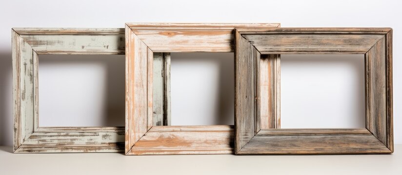 Three rectangular wooden picture frames are displayed side by side on a table, showcasing the natural beauty of the wood grain and stain. The frames add a touch of warmth and character to the room