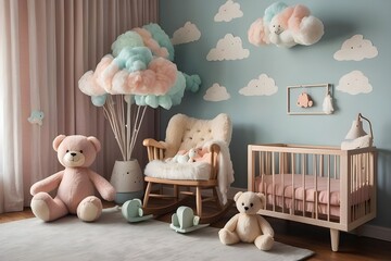 Perched on the rocking chair is a beloved plush teddy bear, its fur a velvety brown that contrasts beautifully against the pastel colors of the room. The teddy bear wears a gentle smile, its button ey