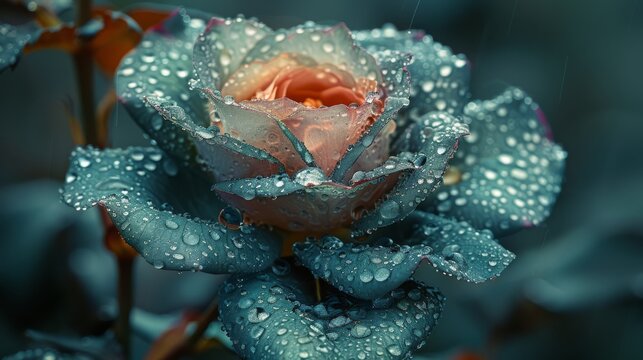  a close up of a rose with drops of water on it's petals and a green leafy background.