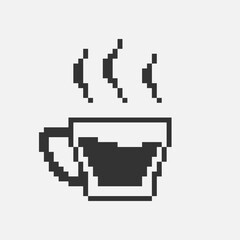 black and white simple flat 1bit vector pixel art icon of glass cup with hot drink