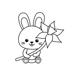 Coloring page with rabbit holding big narcissus. Black and white bunny and flower. Vector