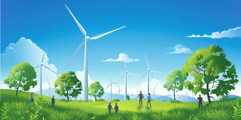 Wind turbine. Wind generator (in the field on a sunny day, green field producing electricity with blue sky. Landscape with windmills in the background
