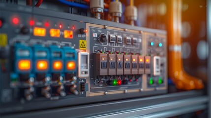 On-off heater and indicator light inside medium voltage switchgear panel. Electrical components for power distribution and control in industrial substations, power plants, factories. Engineering